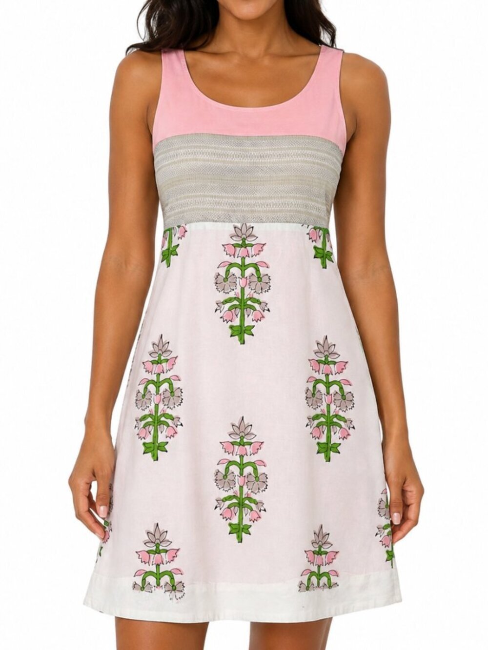 Moulinette Soeurs Anthropologie Pink Green Sleeveless Dress with Floral Motifs